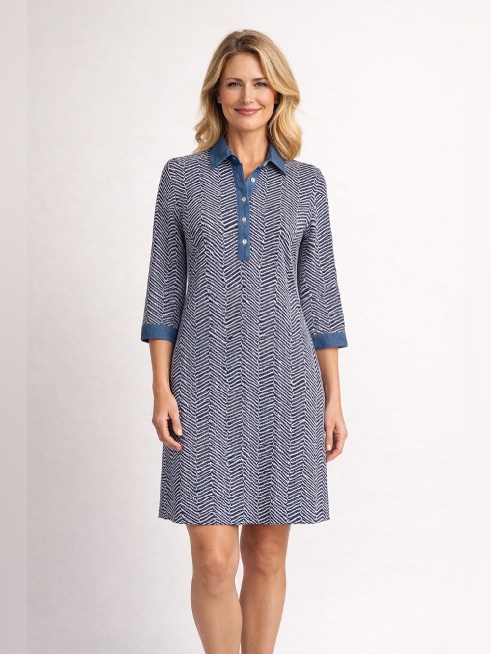 J.McLaughlin | Navy White Geometric Print Dress | Sz S | Pockets Preppy Travel